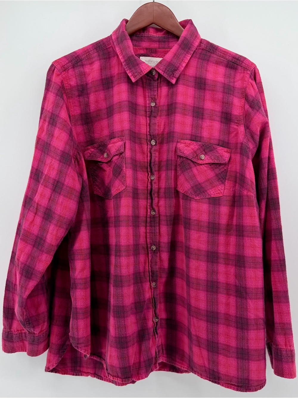 Sonoma 2X Plus Women’s Pink Fuchsia Plaid Flannel Button Down Top Long Sleeve